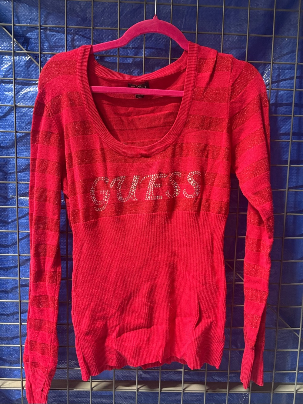 GUESS Red Rhinestone Logo striped Sweater